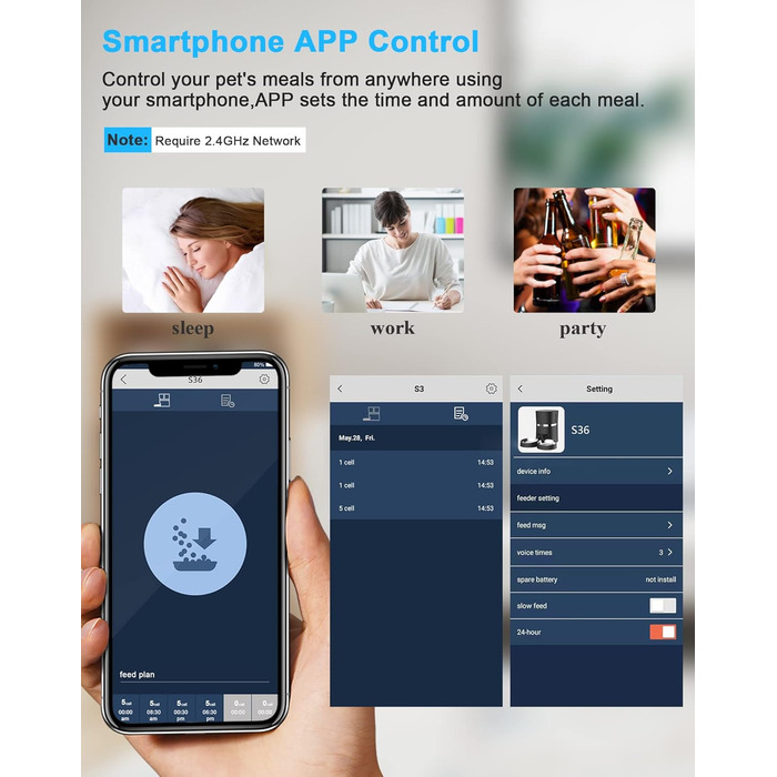 WellToBe Автоматичний годівниця для котів та собак з Wi-Fi, таймер, запис голосу, керування через додаток, 6 прийомів їжі на день (Чорний)