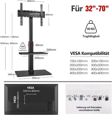AOKCOS TV Stand - Adjustable Swivel & Tilt Floor Stand for 32-70 inch TVs (up to 40kg, VESA 400x400mm) - Black