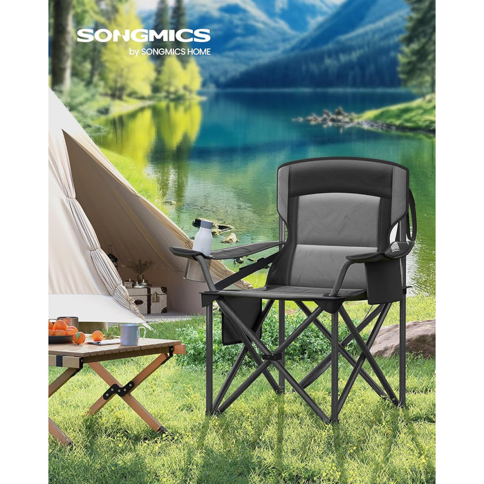 Кемпінговий стілець SONGMICS зі склянкою, для риболовлі, з м'якою спинкою, до 205 кг, чорний