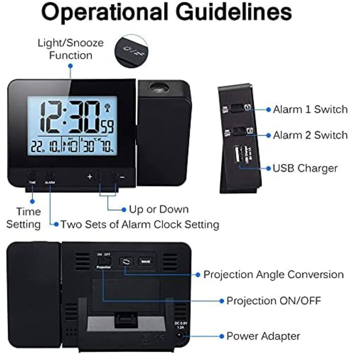 Projection Alarm Clock Digital Clock with Time, Temperature Projection, Dual Alarm, Humidity, Snooze, Timer, Calendar, USB Port (Black)