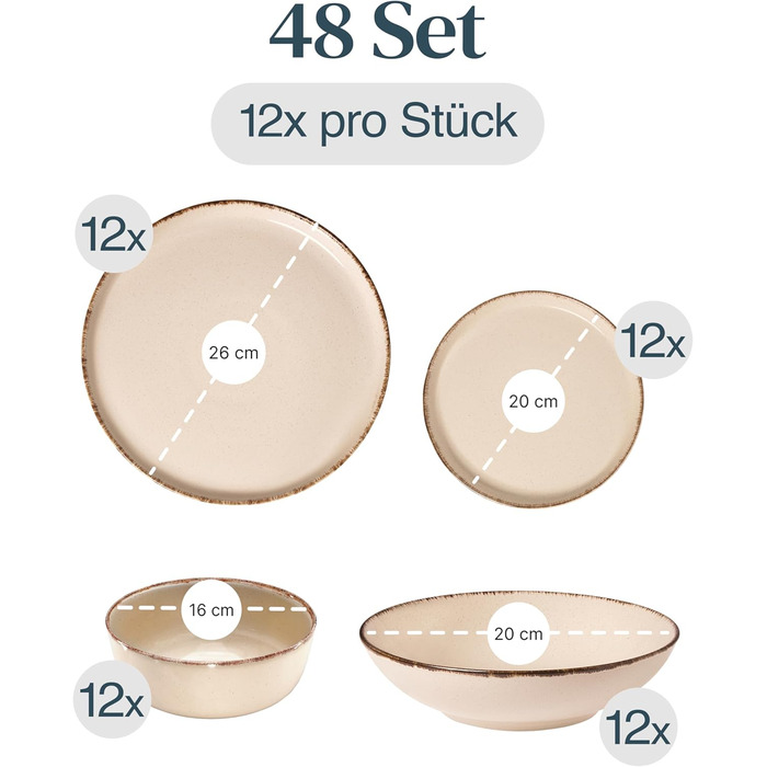 Набір посуду з каменю 12 осіб Rustic 48 предметів, Преміум якість, Стиль кантрі, Набір тарілок та мисок, Тарілька для сервірування, Набір Pure Living у бежевому кольорі 48 предметів