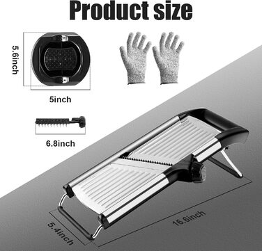 Набір для нарізання овочів з 4 лезами та захисними рукавичками - Mandoline з нержавіючої сталі для картоплі, салату, хот-поту, антиковзкий овочевий слайсер, Keto (з щіткою та ганчіркою).