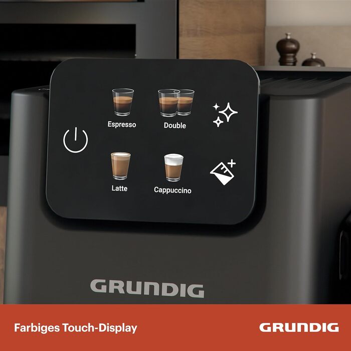 Еспресо-машина GRUNDIG KSM 6430 з вбудованим контейнером для молока, 1628 Вт, 20 бар, 2-дозова, Touch-Display, BrewSense, CreamyPro, Dark Inox/Schwarz, сумісна з капсулами та падами