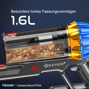 Бездротовий акумуляторний пилосос KESSER® з LED-дисплеєм | Тихий, без мішка, з антинамотувальною щіткою для твердих поверхонь, килимів та шерсті тварин (Синій/Золотий)