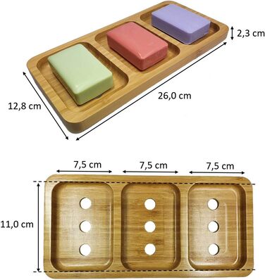 Стильна трисекційна мильниця з натурального бамбука для ванної/душу/кухні з водовідведенням та вентиляцією для швидкого висихання мила, гігієнічна, неслизька