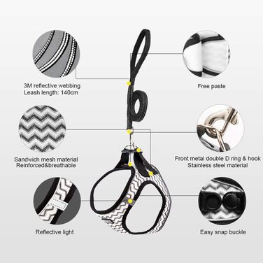 Нашийник для собак з повідком Anti-Zug, світловідбиваючий, для маленьких собак, кошенят, котів (XS, Біла хвиля)