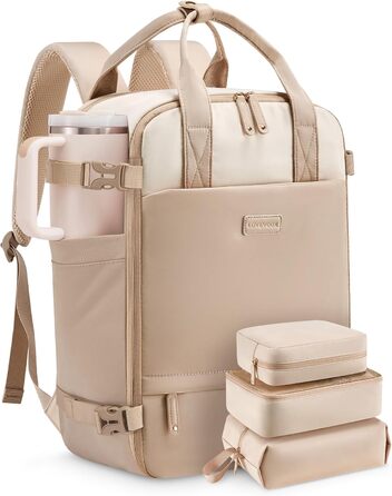 LOVEVOOK Рюкзак для ручної поклажі в літак, дорожній рюкзак для жінок великий 15.6 дюймів, рюкзак для подорожей, сумка-мішок на вихідні, водонепроникний, ручна поклажа, сумка для подорожей, бізнесу, відпочинку, 15.6 дюймів (Бежевий, Рожевий)