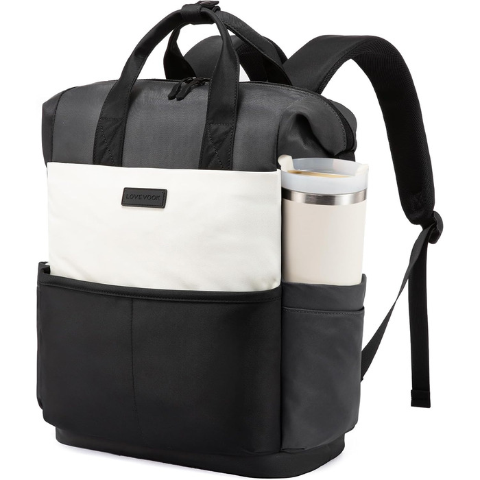 LOVEVOOK Рюкзак для жінок з відділенням для ноутбука 15.6 дюймів, шкільний, для подорожей, універсальний, водонепроникний, для роботи, навчання, чорно-бежево-сірий