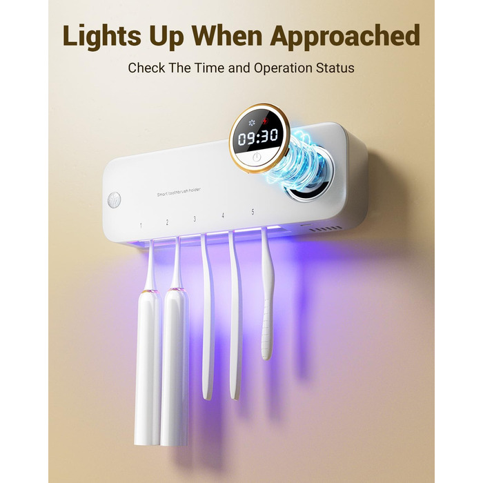 Wall-mounted toothbrush holder with automatic drying, 4000 mAh battery, infrared sensor, holds 5 toothbrushes