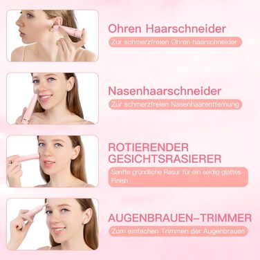 Електричний триммер для обличчя 3-в-1 для жінок: триммер для брів, для гоління та видалення волосся. Вологостійкий, портативний, рожевий.