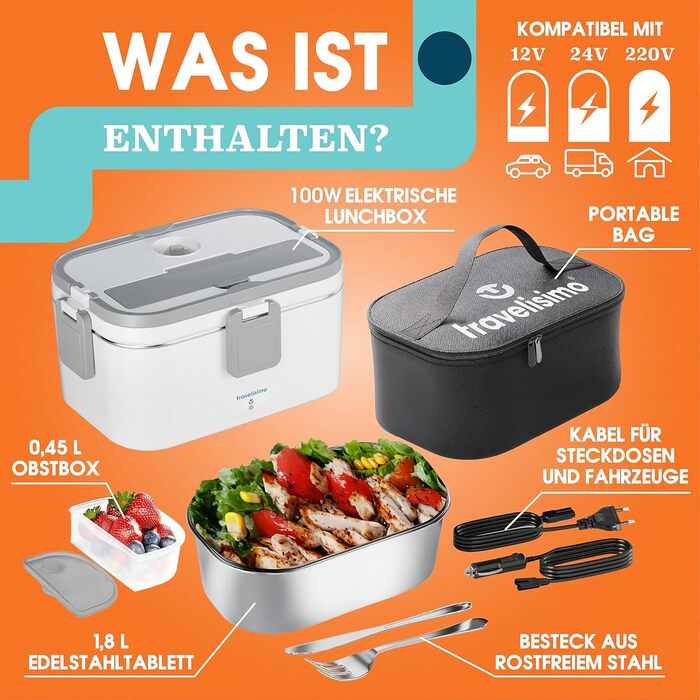 Електрична ланчбокс TRAVELISIMO XXL 1.8L: 3-в-1 обігрівач для авто, роботи та дому (100W, 12V/24V/220V)