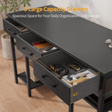CubiCubi 120x50cm Desk with 3 Drawers & 4 Shelves - Home Office, Computer & Gaming Desk - Black