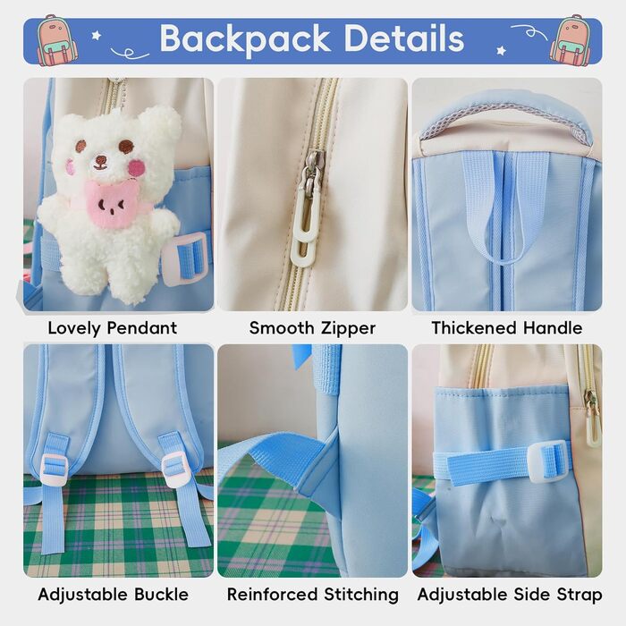 Шкільний рюкзак Tanou для дівчаток 4-х частинний, для 3-7 класів, з пеналом та сумкою через плече, блакитний