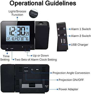 Projection Alarm Clock Digital Clock with Time, Temperature Projection, Dual Alarm, Humidity, Snooze, Timer, Calendar, USB Port (Black)