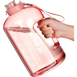 Sport Water Bottle, 1 Gallon/ 3.5L Water Bottle with Time Markers, Leak-Proof, Reusable & BPA-Free Water Bottle with Handle Cleaning Brush for Gym, Office (Pink, 3785 ml)
