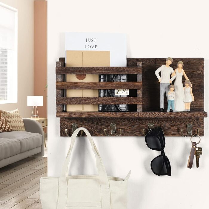 Keys and Mail Holder for Wall Rustic Natural Paulownia Wood 4 Double Hook Hanger Wall Organizer for Decoration, Bags, Accessories, Hardware and Manual Included (brown)