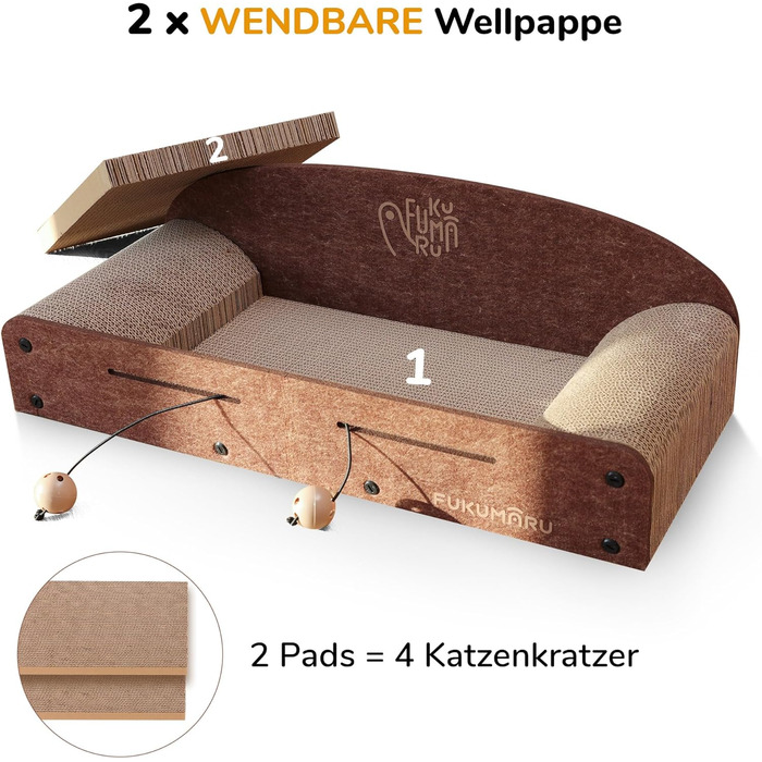 Cat Scratch Board, 66cm durable scratching cardboard and felt, large lounging area, 2 reversible cat scratching pads for cats, recyclable corrugated cardboard cat bed with jingle ball toy, caramel color