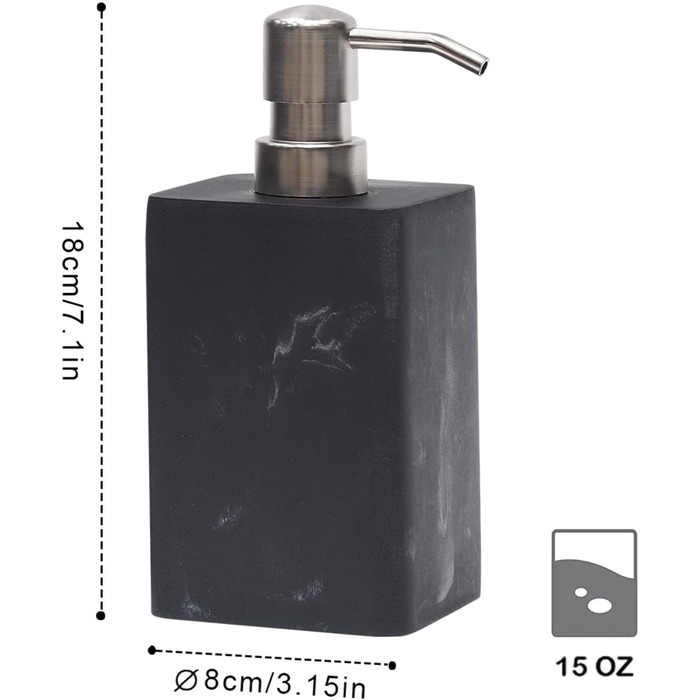 Дозатор для мила Suanti, 425 мл, з помпою з нержавіючої сталі, наповнюваний, квадратний, декоративний, для мила для рук, посудомийної рідини та лосьйону, стиль чорного мармуру