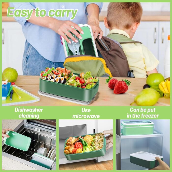 Anykuu Lunchbox 1600ML Lunchbox with 2-4 Flexible Compartments Bento Box with Spoon, Fork & Spice Box Lunchbox for Kids for Microwave, Dishwasher Lunchbox Kids for School, Work, Picnic, Green