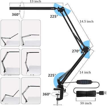 SKYLEO Dimmable Desk Lamp with Clip - Eye Protection LED Desk Light - 3 Modes & 10 Brightness Levels - Black