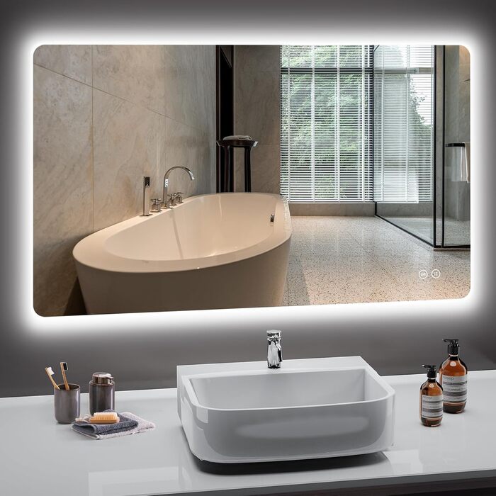 Дзеркало для ванної кімнати з підсвічуванням LED, 100x60 см, 3 кольори світла, диммування, пам'ять, сенсорне керування, IP44, вологостійке