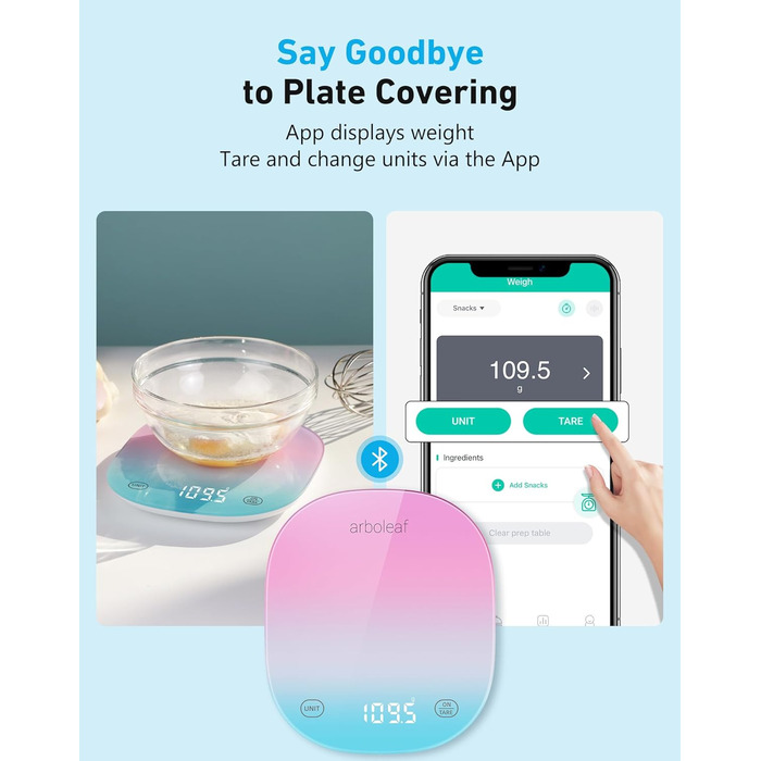 Кухонні ваги Arboleaf Digital з додатком, 10 кг/0.5 г, Bluetooth, підрахунок калорій, USB-зарядка, точна вага з термостійкого скла та функцією тарування (білий, кольоровий)