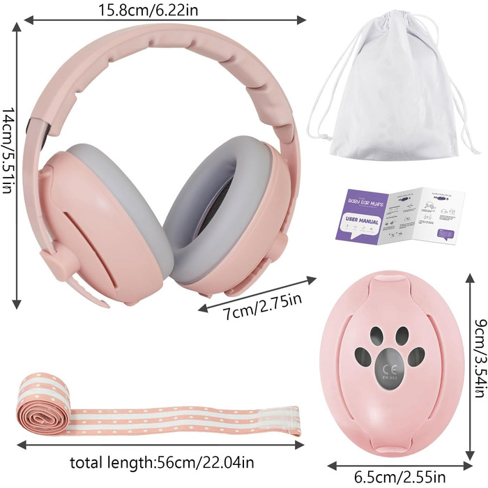 Навушники для дітей 0-4 роки, 2-в-1, захист від шуму 24dB, рожеві