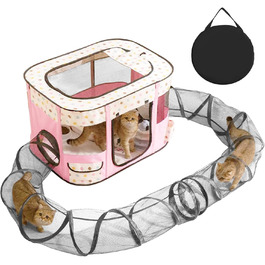 Клітка-забіг для цуценят, сіра, для дому, складна, портативна, прямокутна, для кошенят, цуценят, кроликів (L), рожева, з тунелем