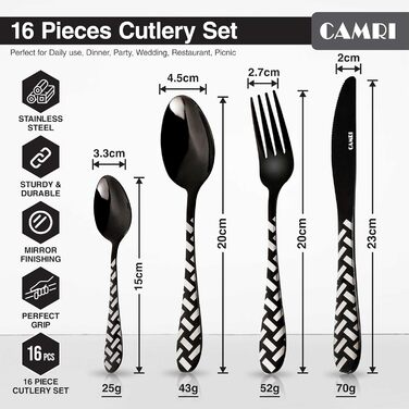 CAMRI Набір столових приборів – 16 предметів з нержавіючої сталі. Набір столових приборів, ножі, виделки, ложки. Комплект на 4 особи, придатний для миття в посудомийній машині. Кріз-чорний візерунок.