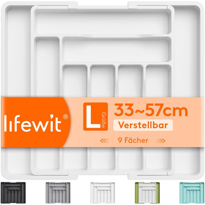 Органайзер для столових приборів Lifewit в шухляду, розсувний, пластиковий, білий 33-57 x 38 x 5 см