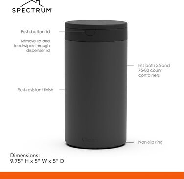 Spectrum Diversified Dekorative Wet Wipe Dispenser, Refillable Wet Wipe Holder for Household Cleaning, Stylish Cleaning Cloth Holder, Alloy Steel, Black, 1 Count (Pack of 1)