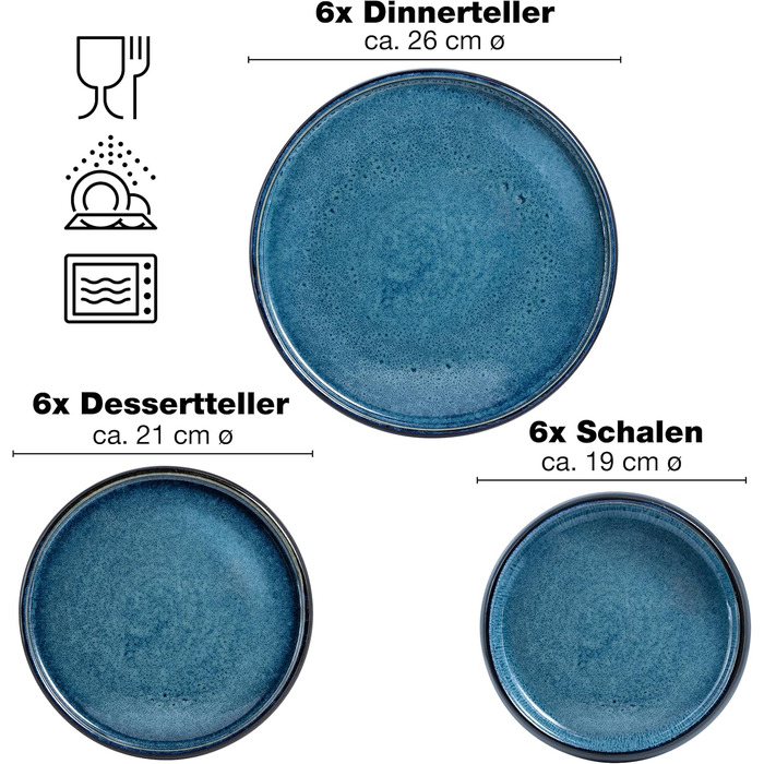Набір посуду Moritz & Moritz SOLID 18 предметів з порцеляни для 6 осіб - 6 тарілок для вечері, 6 невеликих тарілок, 6 глибоких тарілок, блакитний набір посуду