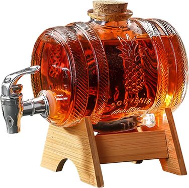 Barrel-shaped drink dispenser, 3L/5L glass water dispenser with stand, barrel decanter with tap, alcohol dispenser ideal for wine, whiskey, beer, juices, lemonade, gifts for friend, husband, father (3L, glass barrel)