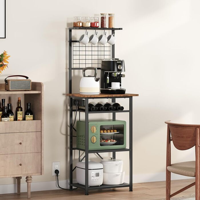 Стельова полиця з розетками, підлогова полиця, полиця пекаря, 35 x 48 x 135 см, 4 гачки S-подібної форми, станція для кавової бару з тримачем для пляшок та гачками, вінтажний коричневий та чорний колір ABRHR23UE01