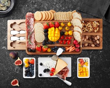 hecef Cheese Board Set, Acacia Wood, Square Cheese Board with 2 Pull-Out Drawers & Cutlery Set & Snack Plates & Marble Cheese Slate