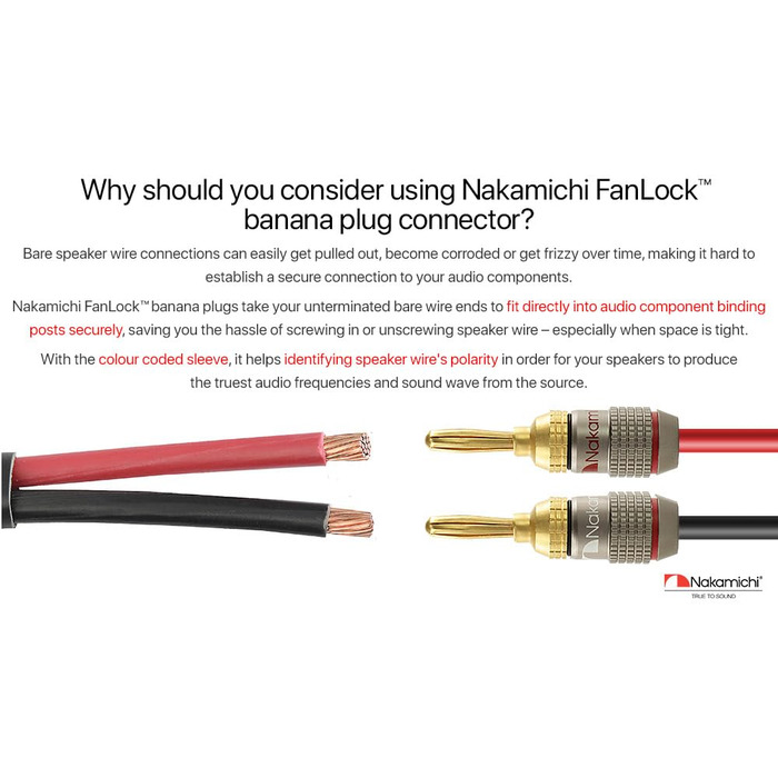 З'єднувачі банани Nakamichi FanLock Excel-Serie 24K, 10-18 AWG, 4 мм, для аудіокабелів, 4 шт. (2 пари)
