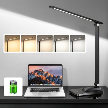 LED лампа настільна для дому та офісу, 15 режимів, денне світло, 1000LM, регулювання яскравості, 3600mAh, чорний колір