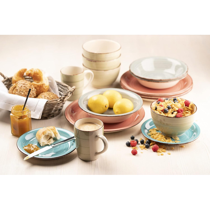 MÄSER 931766 Bel Tempo II, 12-piece tableware set for 6 people with a modern vintage look, beige stoneware dinnerware, 21 centimeters