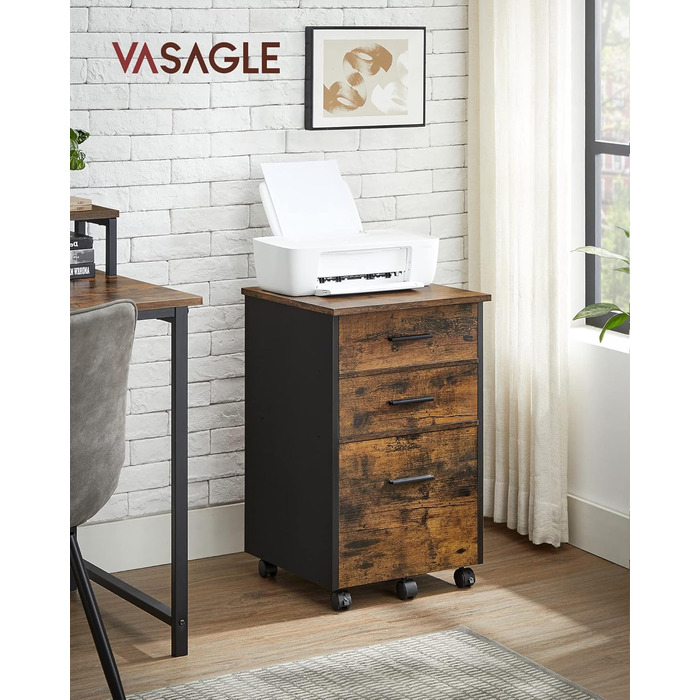 VASAGLE мобільний офісний комод з 3 шухлядами (2 тканинні, 1 з ДСП), на колесах, для офісу, кабінету, спальні, вінтажний коричнево-чорний