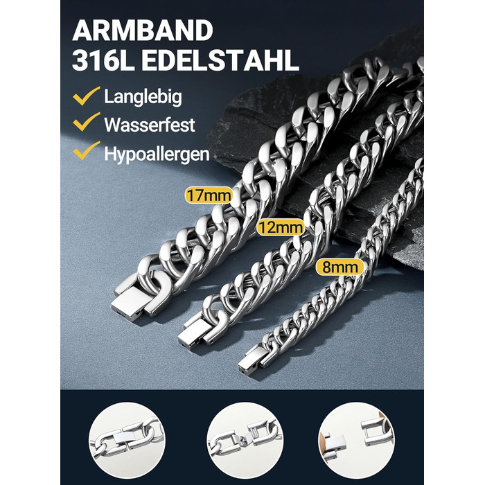 Чоловічий браслет PROSTEEL з нержавіючої сталі з 18K золотом, чорний, ланцюжок 'Panzerkette', важкий, для чоловіків та підлітків, 8 мм/12 мм/16,5 мм/17 мм, срібло, 19 см