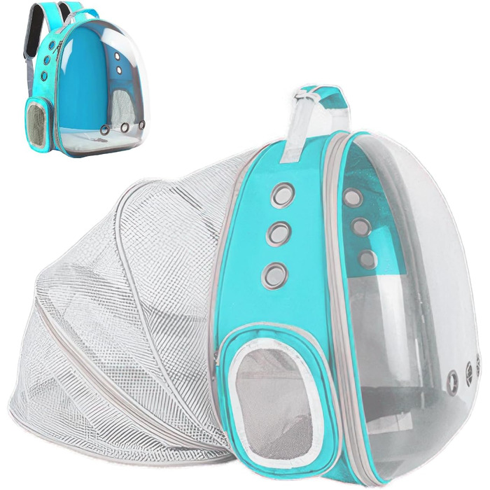 Рюкзак-переноска для котів та маленьких собак, розширюваний, з прозорим вікном та блискавкою, для подорожей та походів (розширювана спинка), блакитний
