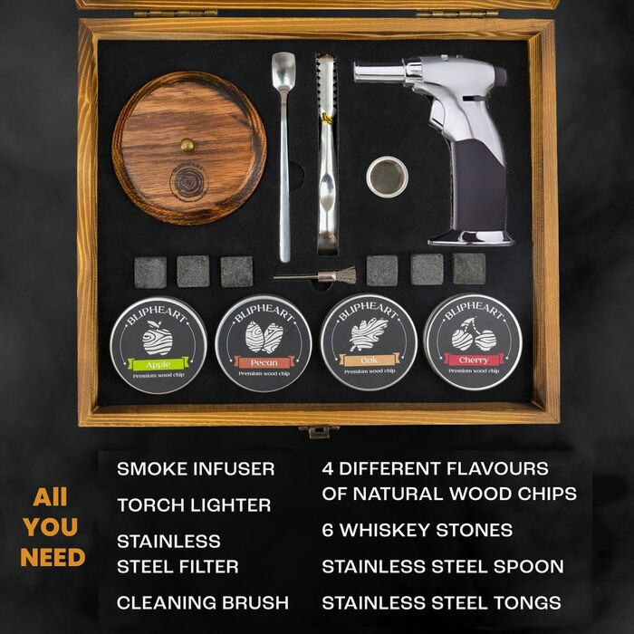 Набір для копчення коктейлів з факелом та 4 смаками дерев'яної стружки, Bourbon - Набір для копчення віскі, коктейлів Old Fashioned, подарунок для чоловіка, друга, чоловіка та тата (без бутану)
