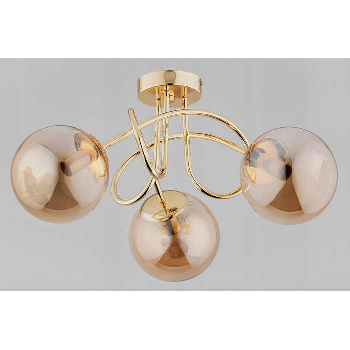 Сучасна стельова люстра Alfa золотиста, 3xE14, скляні бурштинові сфери