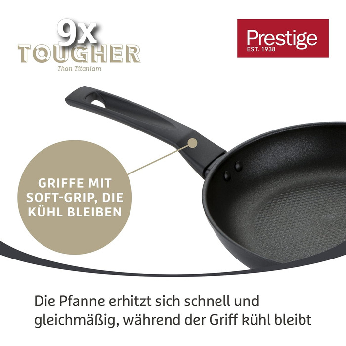 Набір сковорідок Prestige 9 x Tougher: 3 шт. (21/25/29 см) з антипригарним покриттям, стійким до подряпин, індукційні, з ергономічними ручками, безпечні для духовки та посудомийної машини