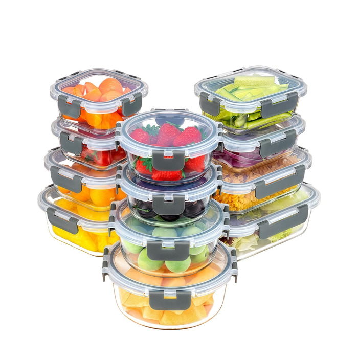 Набір скляних контейнерів для зберігання їжі Borosilikatglas 20 шт. (5x 1040ml + 5x 370ml) - для мікрохвильової печі, приготування їжі та духовки, з герметичним закриттям