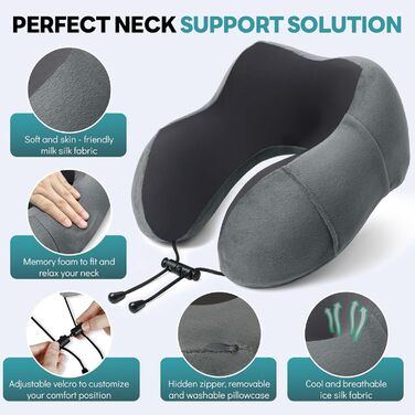 Подушка для шиї у літак - подушка для подорожей Memory Foam, ергономічна форма - подушка для шиї з маскою для сну, навушниками, сумкою - ідеально для літака, подорожей, офісу, дому (Сірий)