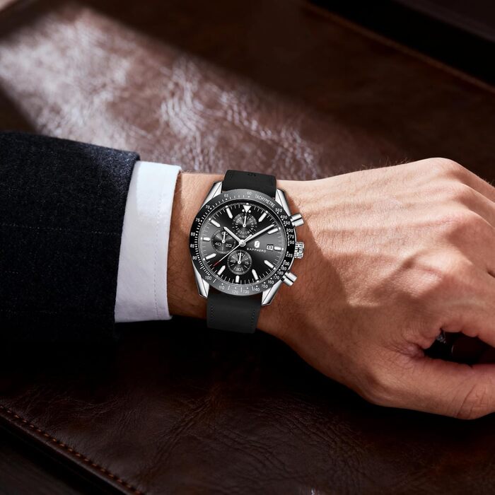 Годинник чоловічий BENYAR Chronograph з кварцовим механізмом, аналоговий, з шкіряним ремінцем. Стильний дизайн для бізнесу, спорту та повсякденного носіння. Водостійкість 30M. Елегантний подарунок для чоловіків (чорний ремінець, сріблясте корпус, чорне ци