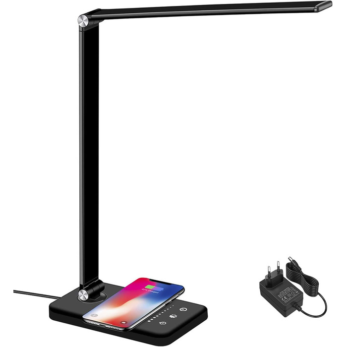Настільна LED лампа BIENSER 20W з бездротовою зарядкою та USB-портом, 10 рівнів яскравості, 5 режимів світла, таймером та функцією пам'яті, чорна