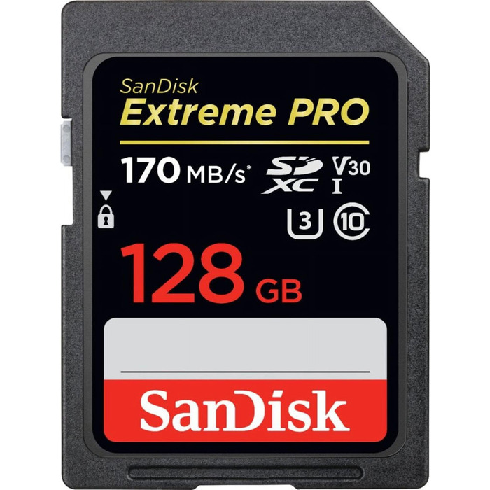 Карта пам'яті SanDisk Extreme PRO 128GB SDXC UHS-I Class 10 U3 V30, швидкість до 170МБ/с, чорна