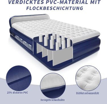 Надувна матрац KMZ з електричним насосом, подвійна висота - для дому, подорожей та кемпінгу. Міцна надувна ліжко (подвійний)